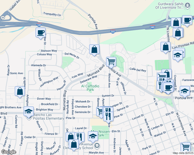 map of restaurants, bars, coffee shops, grocery stores, and more near 1033 Plumas Court in Livermore