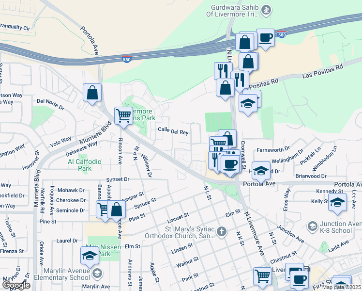 map of restaurants, bars, coffee shops, grocery stores, and more near 1749 Corte Sueno in Livermore