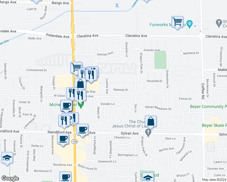 map of restaurants, bars, coffee shops, grocery stores, and more near 416 Ramsey Drive in Modesto