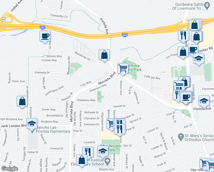 map of restaurants, bars, coffee shops, grocery stores, and more near 1033 Plumas Court in Livermore