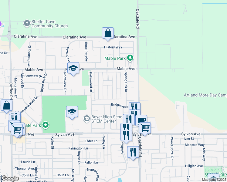map of restaurants, bars, coffee shops, grocery stores, and more near 3816 Surfside Drive in Modesto