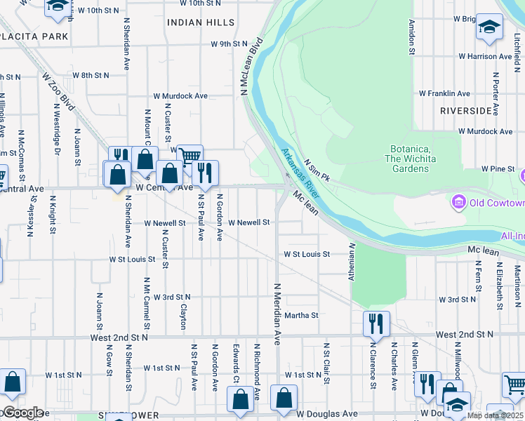 map of restaurants, bars, coffee shops, grocery stores, and more near 620 Richmond North in Wichita