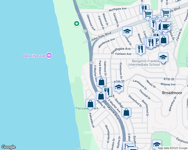 map of restaurants, bars, coffee shops, grocery stores, and more near 1080 South Mayfair Avenue in Daly City