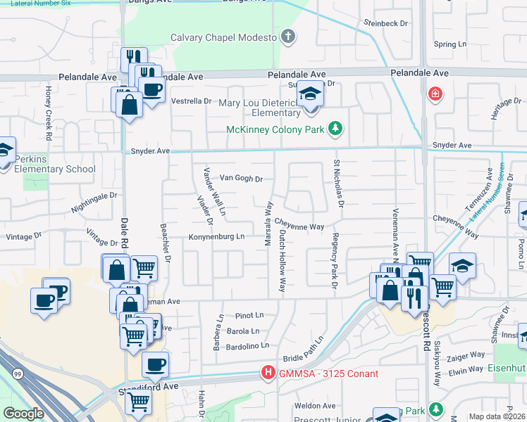 map of restaurants, bars, coffee shops, grocery stores, and more near 3712 Marsala Way in Modesto