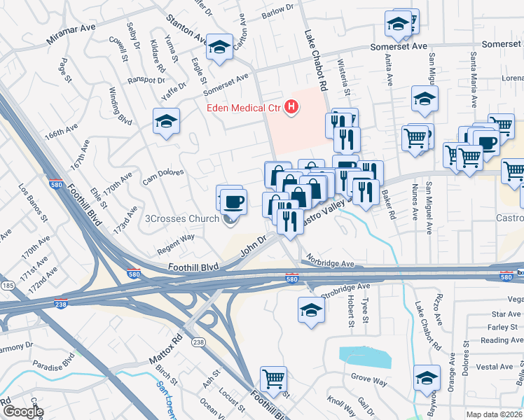 map of restaurants, bars, coffee shops, grocery stores, and more near 2457 San Carlos Avenue in Castro Valley