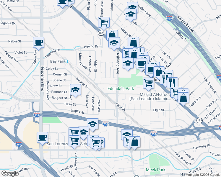 map of restaurants, bars, coffee shops, grocery stores, and more near 16277 Ashland Avenue in San Lorenzo