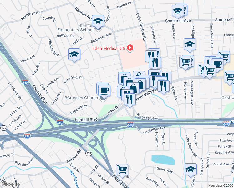 map of restaurants, bars, coffee shops, grocery stores, and more near 2457 San Carlos Avenue in Castro Valley