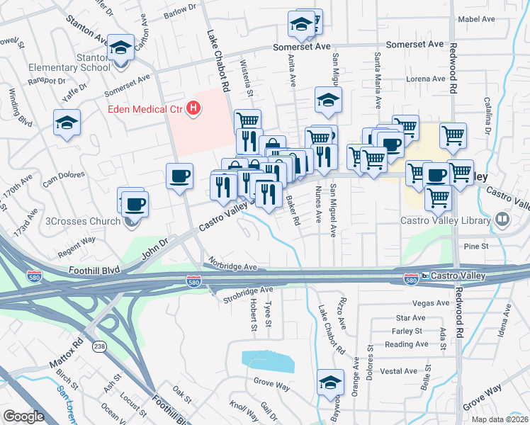 map of restaurants, bars, coffee shops, grocery stores, and more near 20835 Rutledge Road in Castro Valley