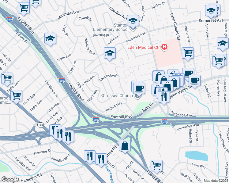 map of restaurants, bars, coffee shops, grocery stores, and more near 17356 Rolando Avenue in Castro Valley