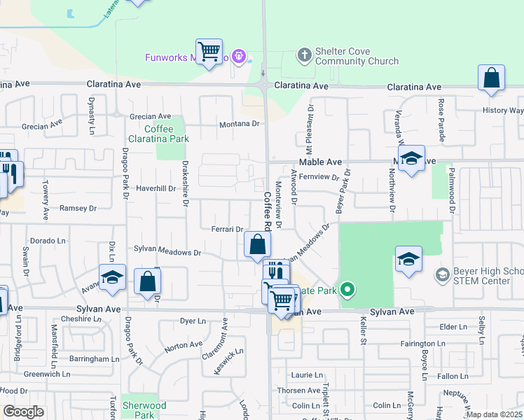 map of restaurants, bars, coffee shops, grocery stores, and more near 3713 Coffee Road in Modesto