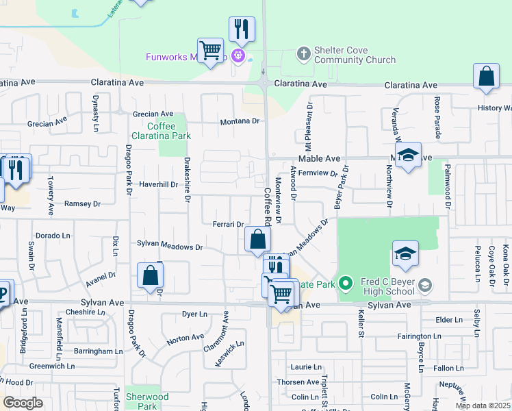 map of restaurants, bars, coffee shops, grocery stores, and more near 3713 Coffee Road in Modesto