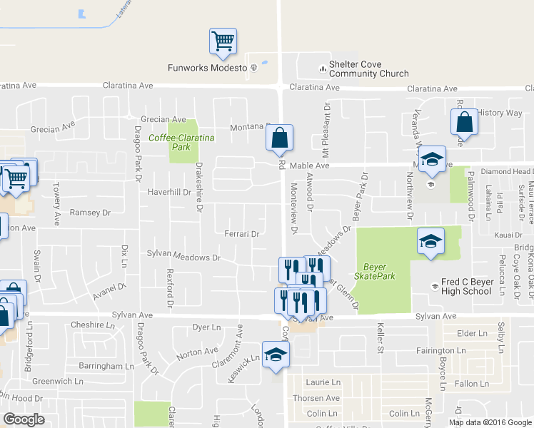 map of restaurants, bars, coffee shops, grocery stores, and more near 3800 Maserati Drive in Modesto
