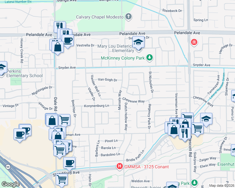 map of restaurants, bars, coffee shops, grocery stores, and more near 3712 Marsala Way in Modesto