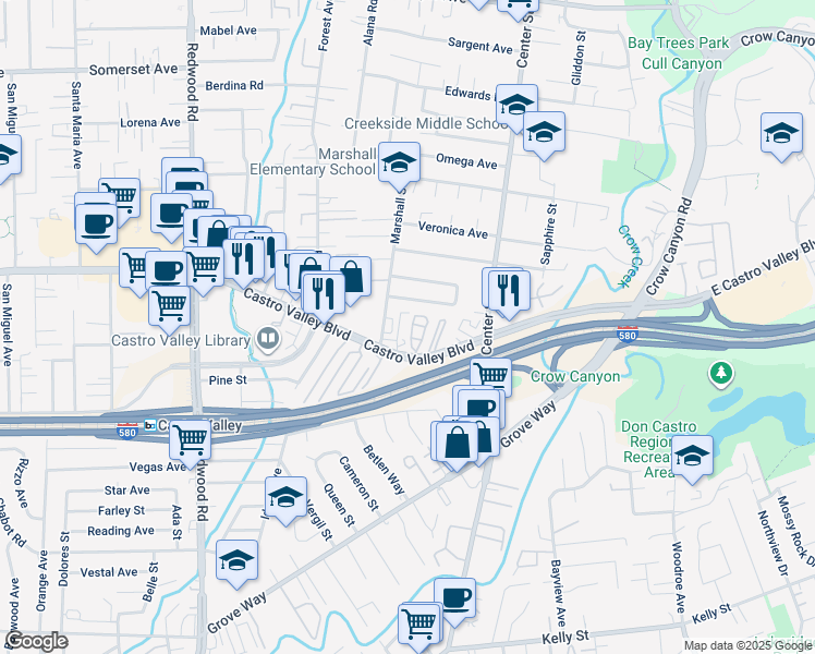 map of restaurants, bars, coffee shops, grocery stores, and more near 3970 Castro Valley Boulevard in Castro Valley