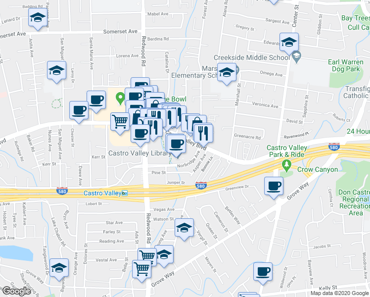 map of restaurants, bars, coffee shops, grocery stores, and more near 3789 Castro Valley Boulevard in Castro Valley