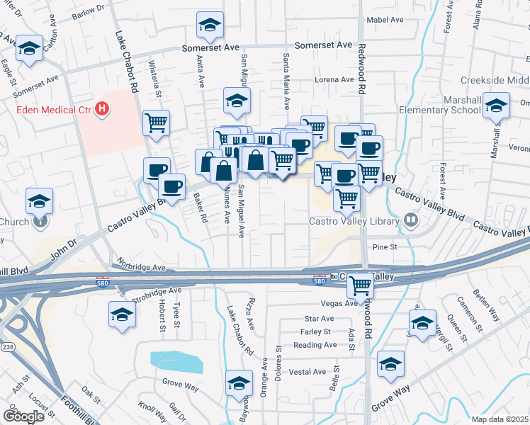 map of restaurants, bars, coffee shops, grocery stores, and more near 20951 Chester Street in Castro Valley