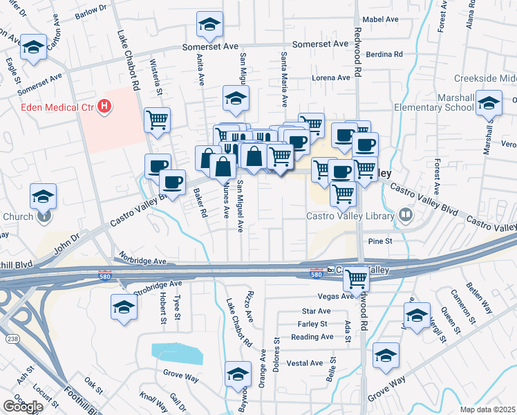map of restaurants, bars, coffee shops, grocery stores, and more near 20951 Chester Street in Castro Valley
