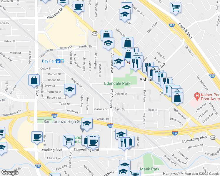 map of restaurants, bars, coffee shops, grocery stores, and more near 16287 Ashland Avenue in San Lorenzo