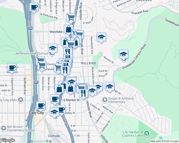 map of restaurants, bars, coffee shops, grocery stores, and more near 475 Wyandotte Avenue in Daly City