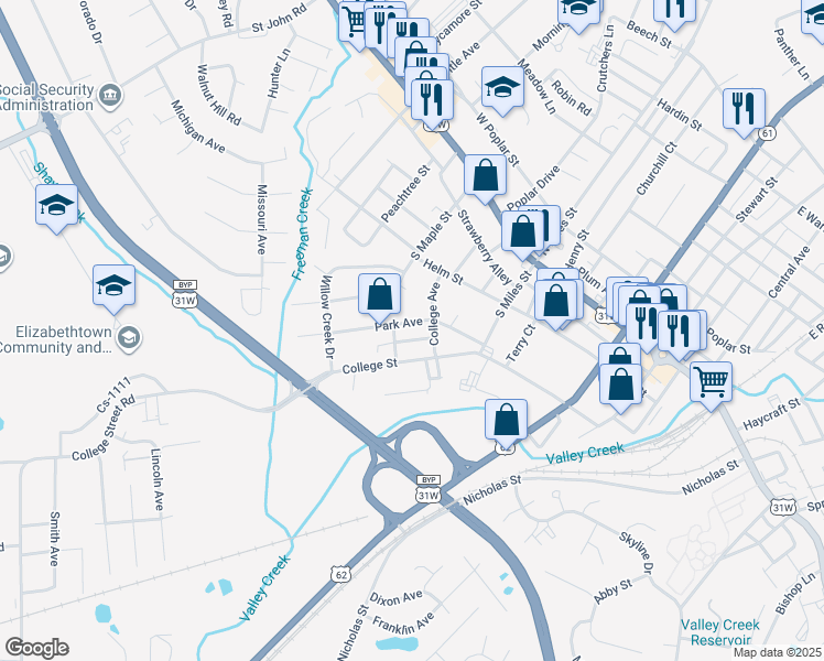 map of restaurants, bars, coffee shops, grocery stores, and more near 407 1/2 College Street in Elizabethtown
