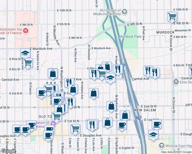 map of restaurants, bars, coffee shops, grocery stores, and more near 1512 East Central Avenue in Wichita