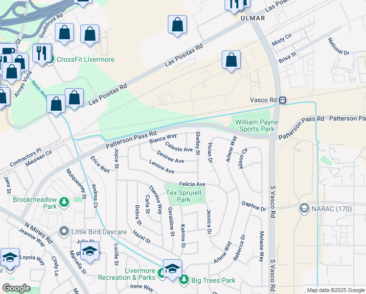 map of restaurants, bars, coffee shops, grocery stores, and more near 577 Rachelle Street in Livermore