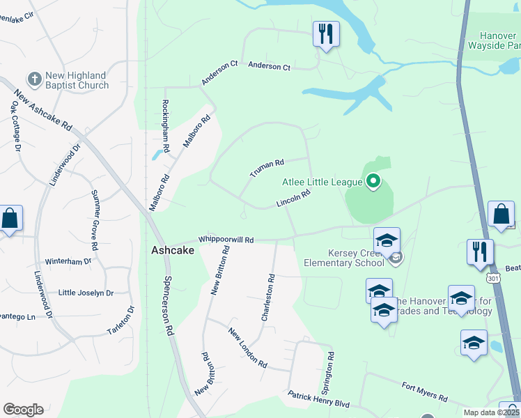 map of restaurants, bars, coffee shops, grocery stores, and more near 8618 Lincoln Road in Mechanicsville