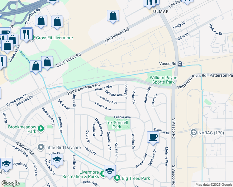 map of restaurants, bars, coffee shops, grocery stores, and more near 577 Rachelle Street in Livermore