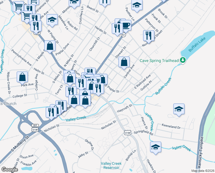 map of restaurants, bars, coffee shops, grocery stores, and more near Quince Alley in Elizabethtown