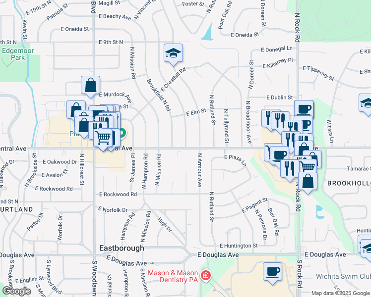 map of restaurants, bars, coffee shops, grocery stores, and more near 7017 Central Avenue in Wichita