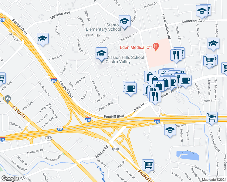 map of restaurants, bars, coffee shops, grocery stores, and more near 20287 John Drive in Castro Valley