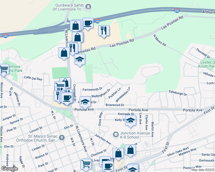 map of restaurants, bars, coffee shops, grocery stores, and more near 2695 Wellingham Drive in Livermore