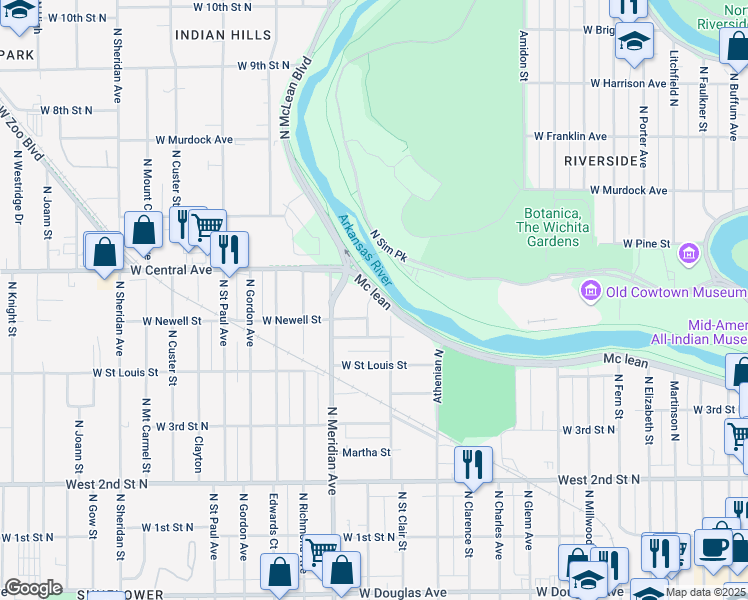 map of restaurants, bars, coffee shops, grocery stores, and more near 641 North Mc Lean Boulevard in Wichita