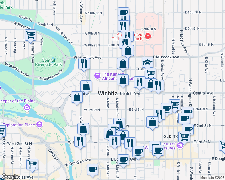 map of restaurants, bars, coffee shops, grocery stores, and more near 504 North Main Street in Wichita