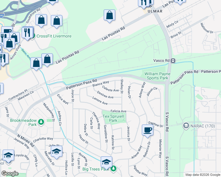 map of restaurants, bars, coffee shops, grocery stores, and more near 5386 Celeste Avenue in Livermore