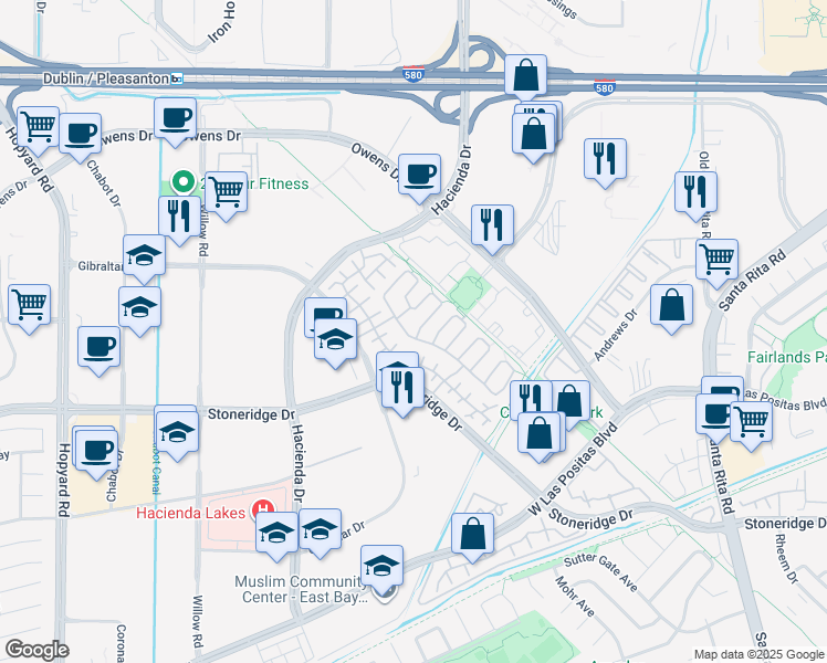 map of restaurants, bars, coffee shops, grocery stores, and more near 3859 Appian Street in Pleasanton
