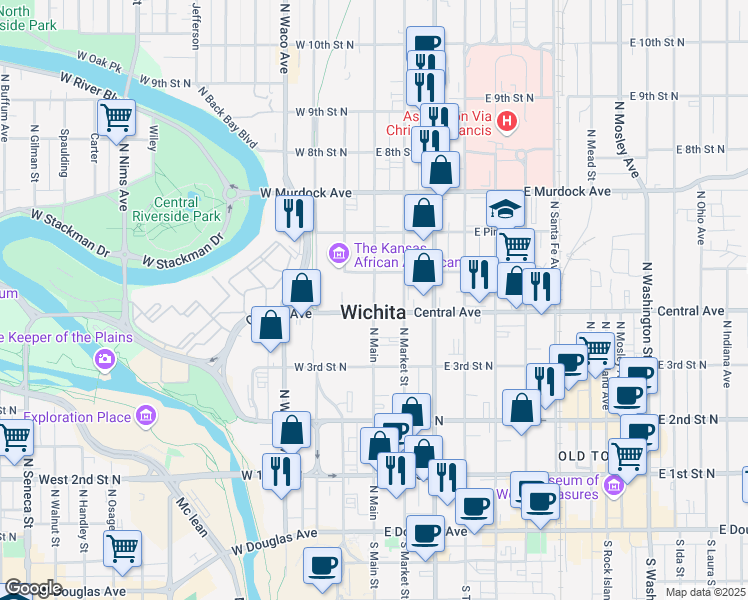 map of restaurants, bars, coffee shops, grocery stores, and more near 504 North Main Street in Wichita