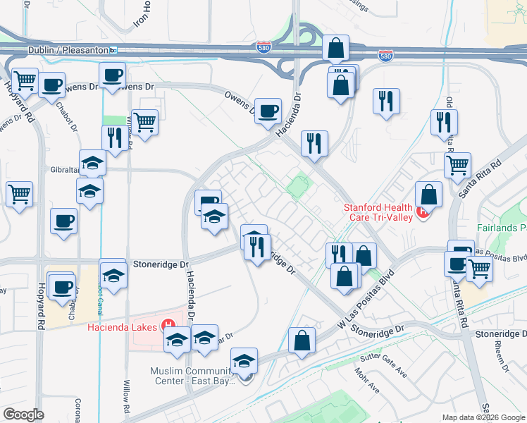 map of restaurants, bars, coffee shops, grocery stores, and more near 3859 Appian Street in Pleasanton