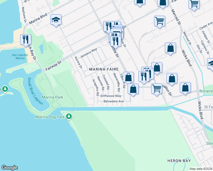 map of restaurants, bars, coffee shops, grocery stores, and more near 14470 Trinidad Road in San Leandro