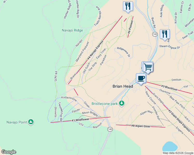 map of restaurants, bars, coffee shops, grocery stores, and more near 406 Ridgeview Street in Brian Head