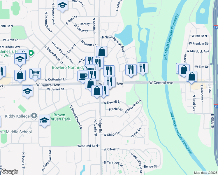 map of restaurants, bars, coffee shops, grocery stores, and more near 7011 West Central Avenue in Wichita