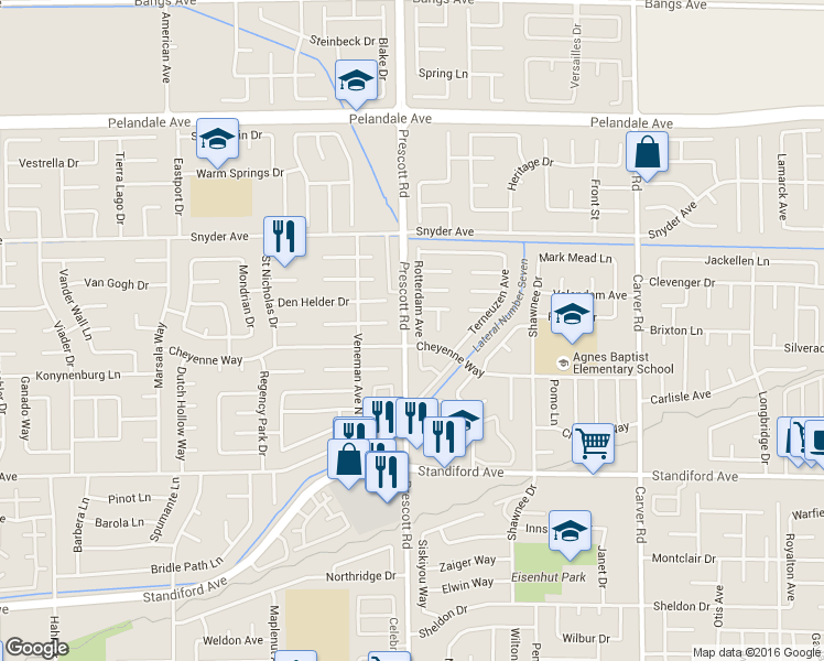 map of restaurants, bars, coffee shops, grocery stores, and more near 2101 Cheyenne Way in Modesto