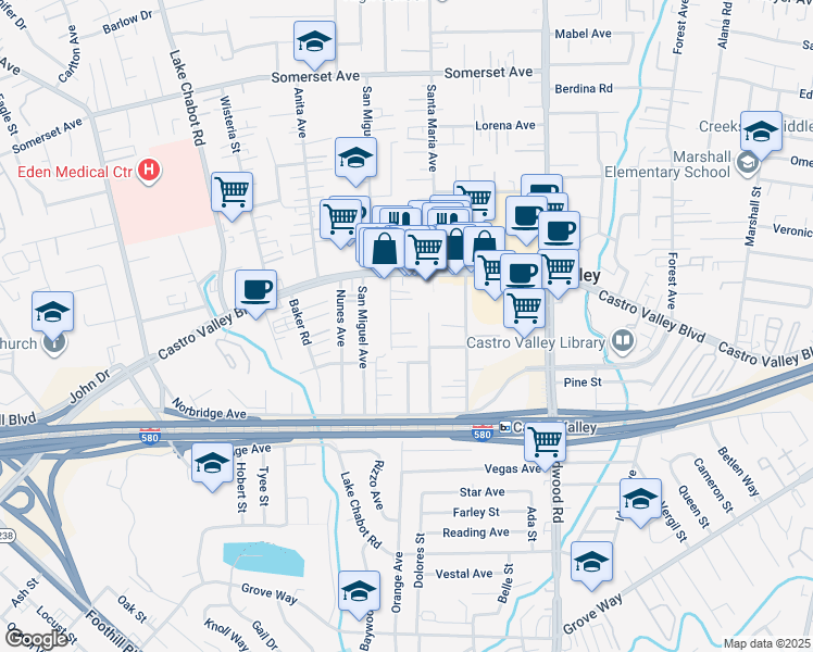 map of restaurants, bars, coffee shops, grocery stores, and more near 20957 Ashfield Avenue in Castro Valley