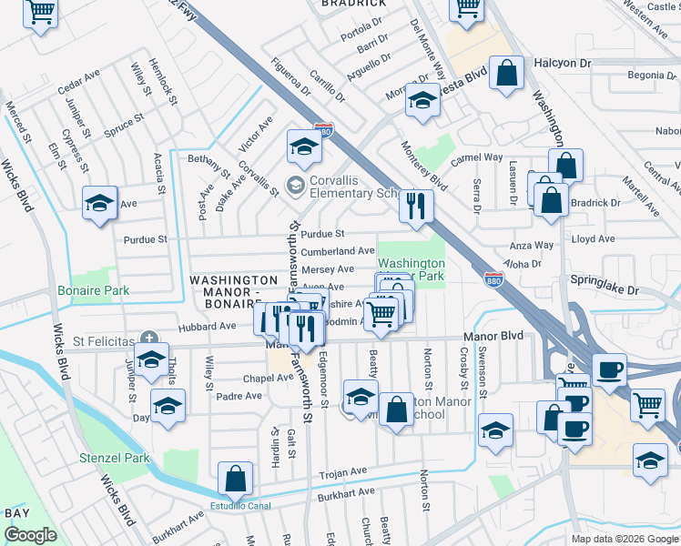 map of restaurants, bars, coffee shops, grocery stores, and more near 1075 Avon Avenue in San Leandro