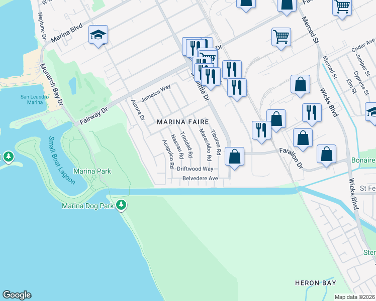 map of restaurants, bars, coffee shops, grocery stores, and more near 14470 Trinidad Road in San Leandro