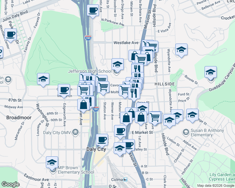 map of restaurants, bars, coffee shops, grocery stores, and more near 150 School Street in Daly City