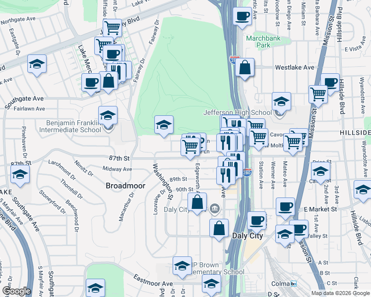 map of restaurants, bars, coffee shops, grocery stores, and more near 106 Village Lane in Daly City