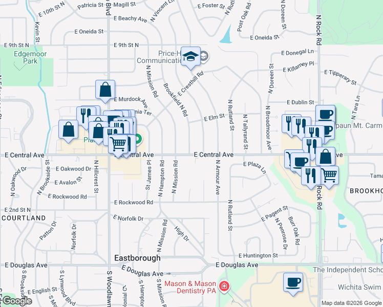 map of restaurants, bars, coffee shops, grocery stores, and more near 6899 East Central Avenue in Wichita
