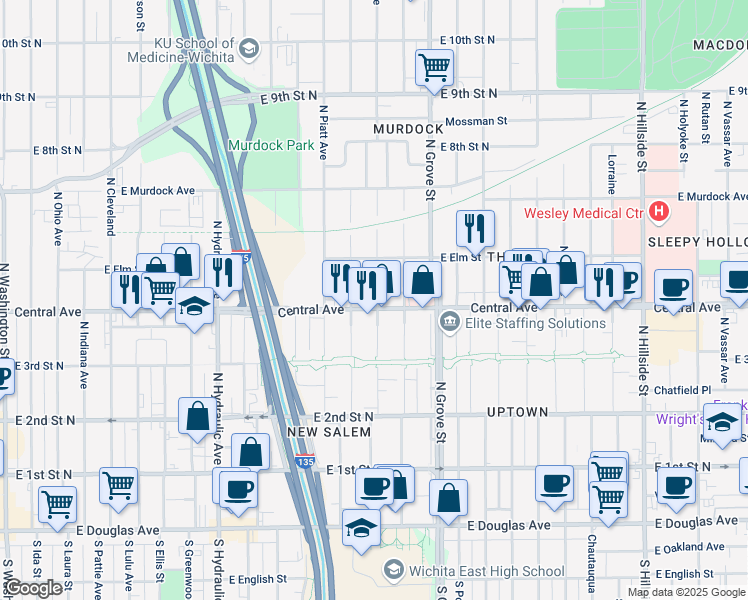 map of restaurants, bars, coffee shops, grocery stores, and more near in Wichita
