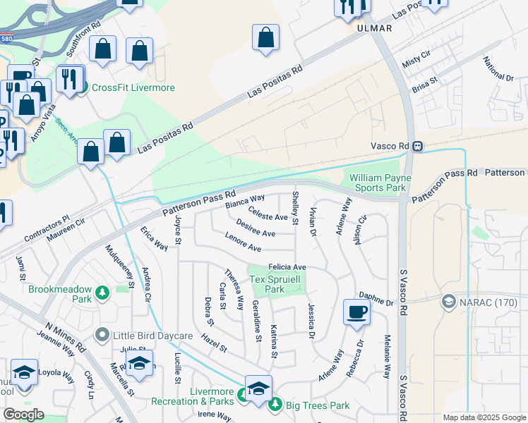 map of restaurants, bars, coffee shops, grocery stores, and more near 5360 Celeste Avenue in Livermore